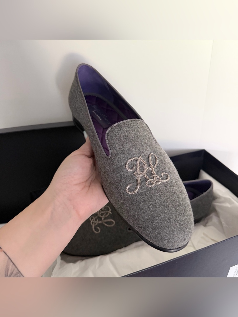 Ralph Lauren Purple Label Alonzo Plaid Wool Tweed Slipper in Grey NIB NWT - Picture 7 of 13